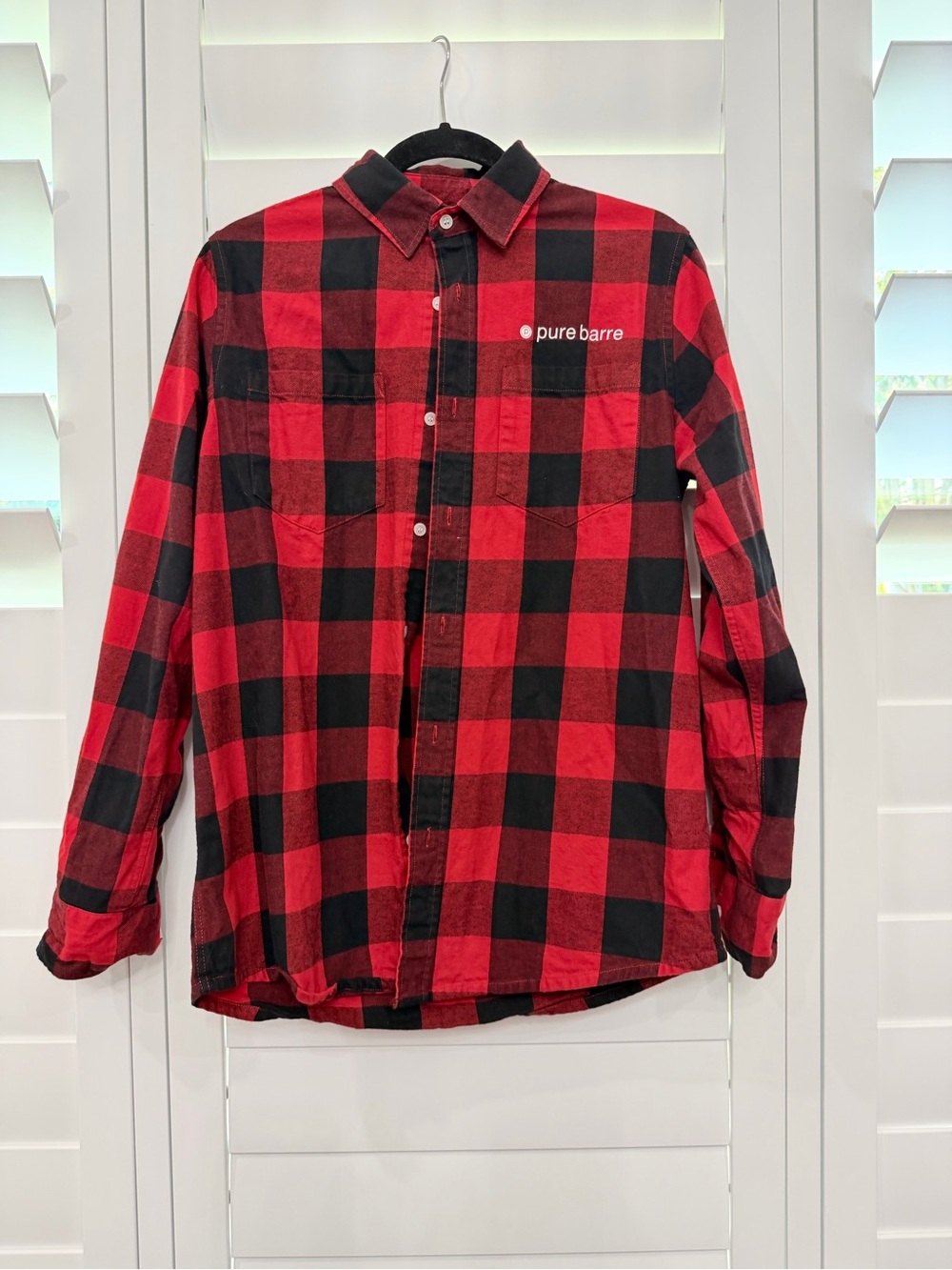 Pure Barre Red and Black Buffalo Plaid Button-Down Shirt